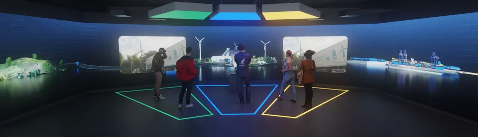 A circular port with wind turbines, factories and ships