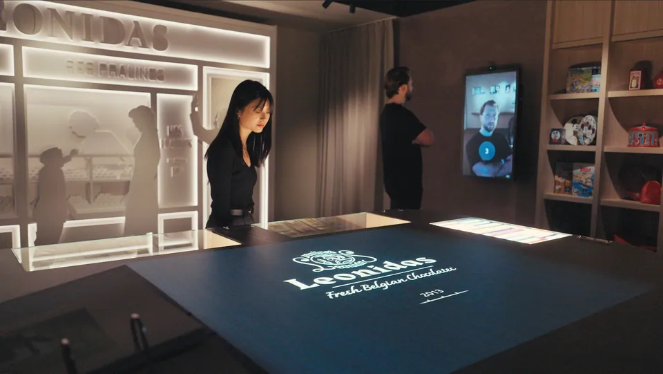 Leonidas logo wall and AI experience in the centre