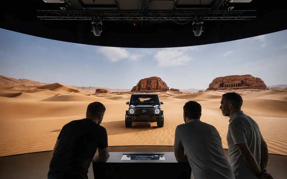 Visitors configuring a car on a curved LED wall in a showroom
