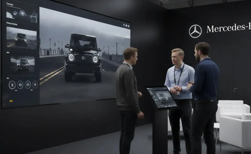 A Spaces configurator on a large screen and a touchscreen at a trade fair stand