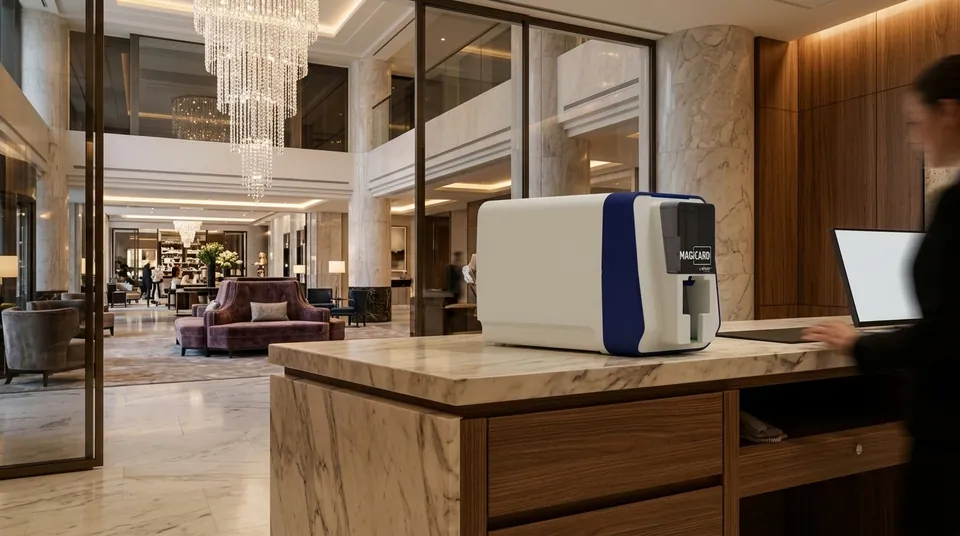 A card printer on a hotel reception desk, generated with Spaces